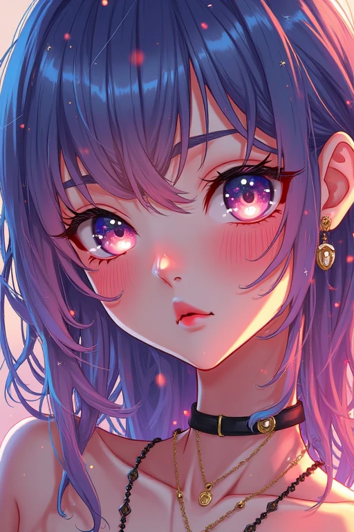 Close-up of a woman with Colorful hair and necklace, Anime girl with cosmic hair, Rossdraws Soft Vitality ,  Gouviz style artwork , fantasy art style, Colorful], Vibrant fantasy style,   Rossore's vibrant cartoon , cosmic and Colorful, Guwitz, Colorful digital fantasy art, stunning art style, beautiful anime style, Shiny Hair