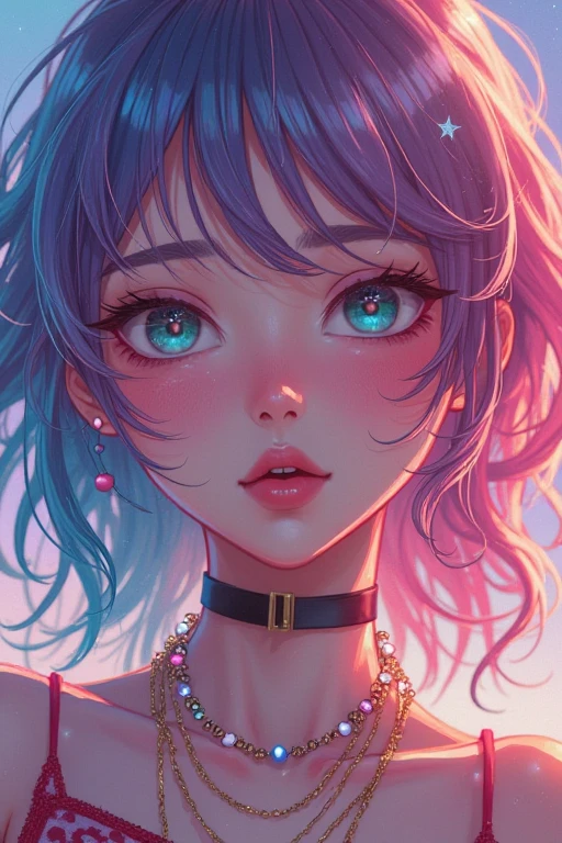 Close-up of a woman with Colorful hair and necklace, Anime girl with cosmic hair, Rossdraws Soft Vitality ,  Gouviz style artwork , fantasy art style, Colorful], Vibrant fantasy style,   Rossore's vibrant cartoon , cosmic and Colorful, Guwitz, Colorful digital fantasy art, stunning art style, beautiful anime style, Shiny Hair