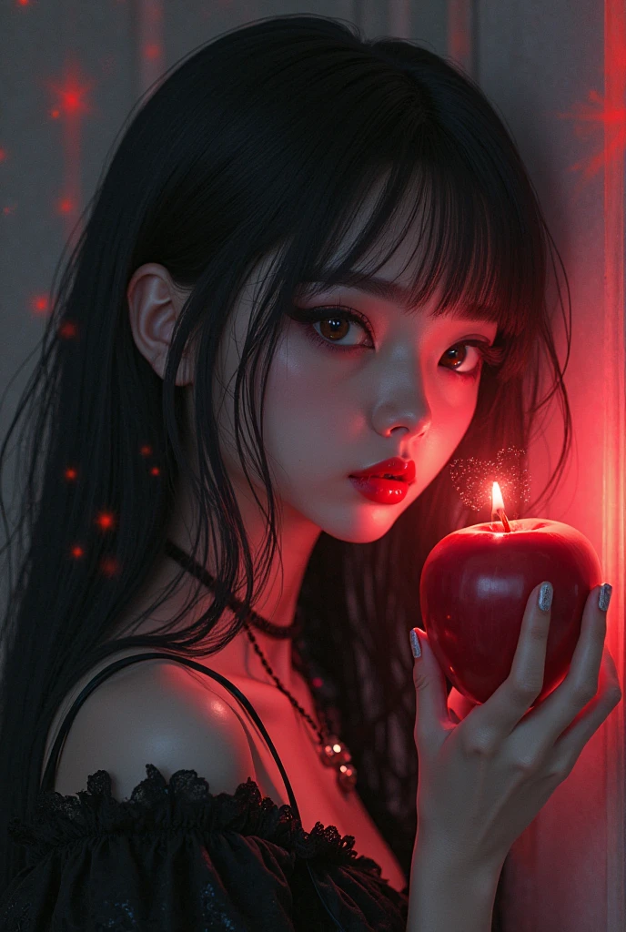 ((RAW photos),Absurd ,(Absurd 分辨率)),masterpiece,Best quality,(extremely detailed 8k unity CG wallpaper),(Most Best Illustration),(BEST SHADOW),Realistic lighting,Beautiful and detailed brilliance ,((21yo)),girl,longblackhair,Black Queen,accessories,Hold an apple,Poison apples,Witch Queen,red lipsticks,(((Her photography perspective)))