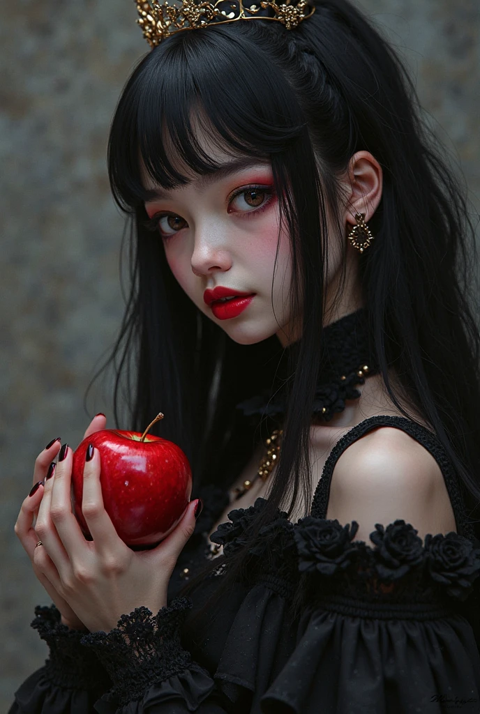 ((RAW photos),Absurd ,(Absurd 分辨率)),masterpiece,Best quality,(extremely detailed 8k unity CG wallpaper),(Most Best Illustration),(BEST SHADOW),Realistic lighting,Beautiful and detailed brilliance ,((21yo)),girl,longblackhair,Black Queen,accessories,Hold an apple,Poison apples,Witch Queen,red lipsticks,(((Her photography perspective)))