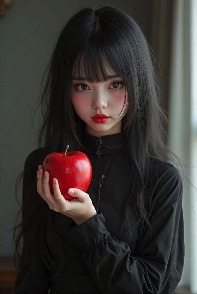 ((RAW photos),Absurd ,(Absurd 分辨率)),masterpiece,Best quality,(extremely detailed 8k unity CG wallpaper),(Most Best Illustration),(BEST SHADOW),Realistic lighting,Beautiful and detailed brilliance ,((21yo)),girl,longblackhair,Black Queen,accessories,Hold an apple,Poison apples,Witch Queen,red lipsticks,(((Her photography perspective)))