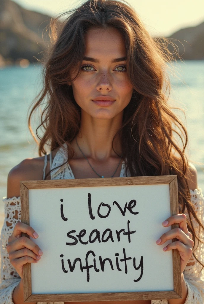 Beautiful girl with wavy long hair，Dressed in a bohemian style，Holding a whiteboard with the words &quot;I Love SeaArt Infinity&quot;，and show the audience