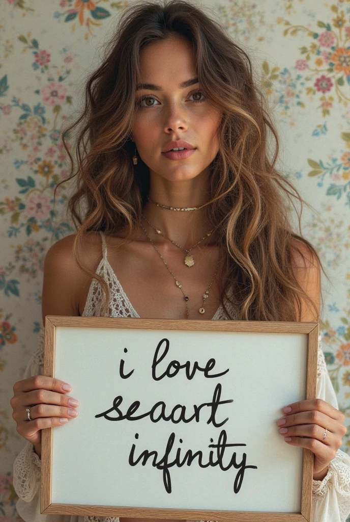 Beautiful girl with wavy long hair，Dressed in a bohemian style，Holding a whiteboard with the words &quot;I Love SeaArt Infinity&quot;，and show the audience