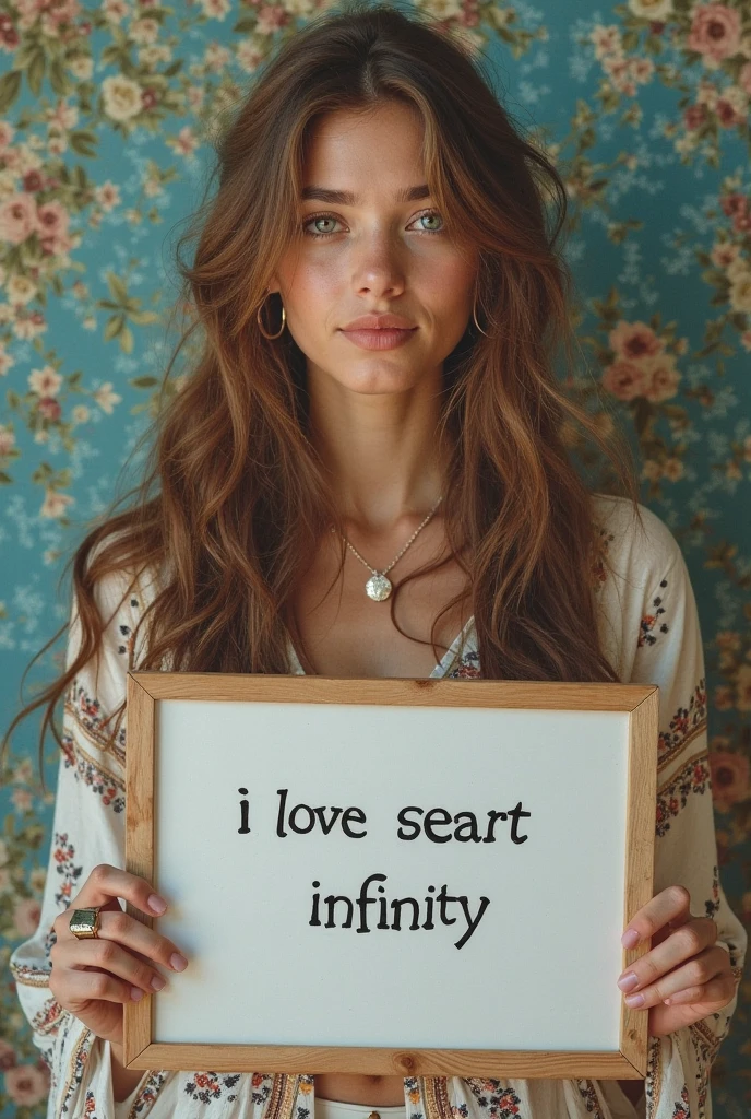 Beautiful girl with wavy long hair，Dressed in a bohemian style，Holding a whiteboard with the words &quot;I Love SeaArt Infinity&quot;，and show the audience