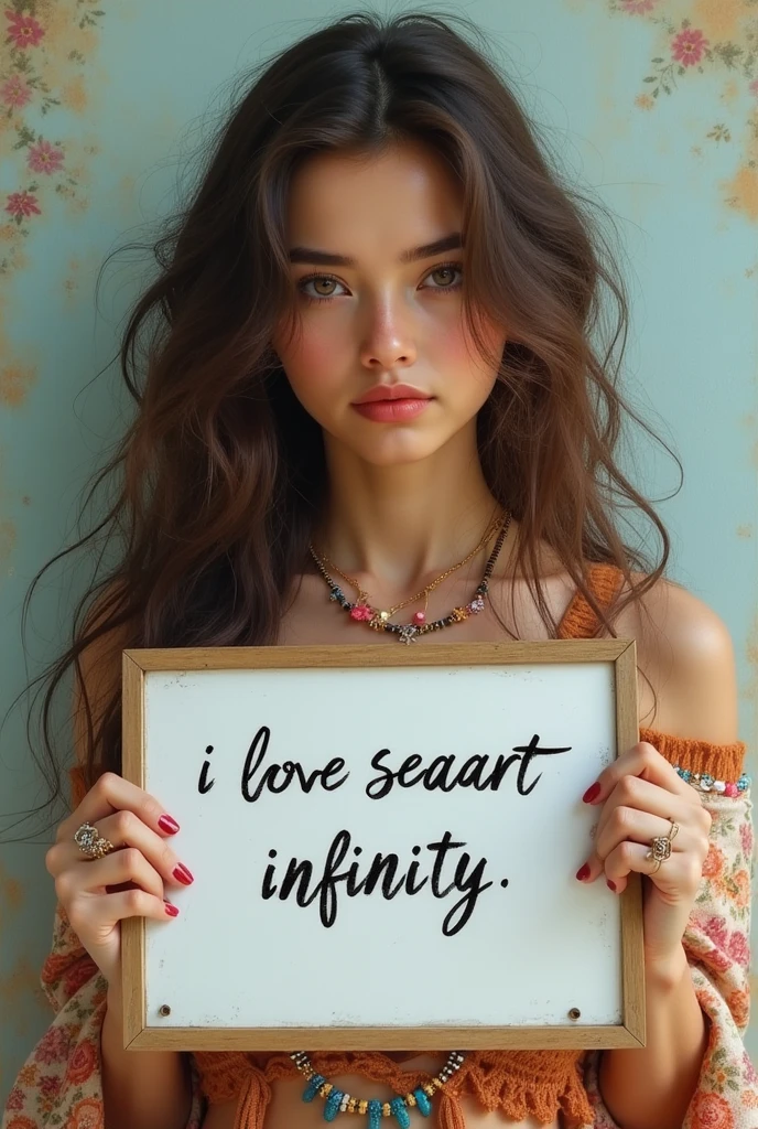 Beautiful girl with wavy long hair，Dressed in a bohemian style，Holding a whiteboard with the words &quot;I Love SeaArt Infinity&quot;，and show the audience