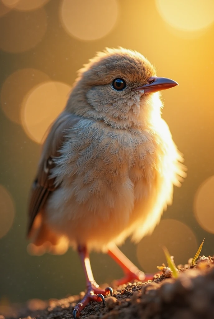 A charming close-up portrait，Showing a beautiful bird，Illuminated by soft golden light on a quiet morning，The bokeh ball gently frames its petite body
