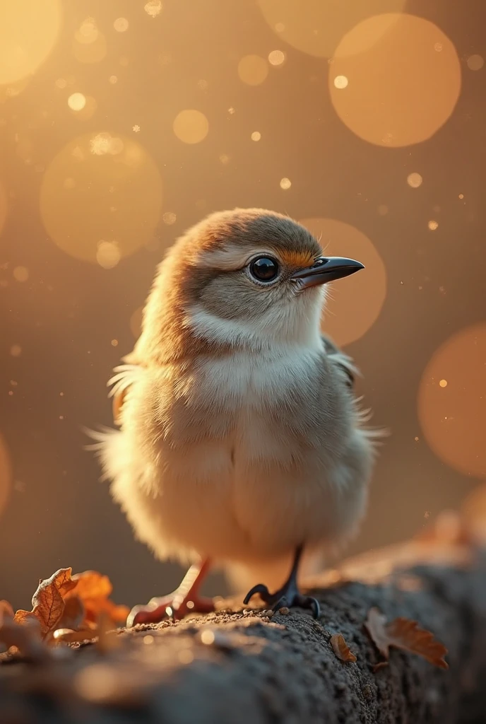 A charming close-up portrait,Showing a beautiful bird,Illuminated by soft golden light on a quiet morning,The bokeh ball gently frames its petite body