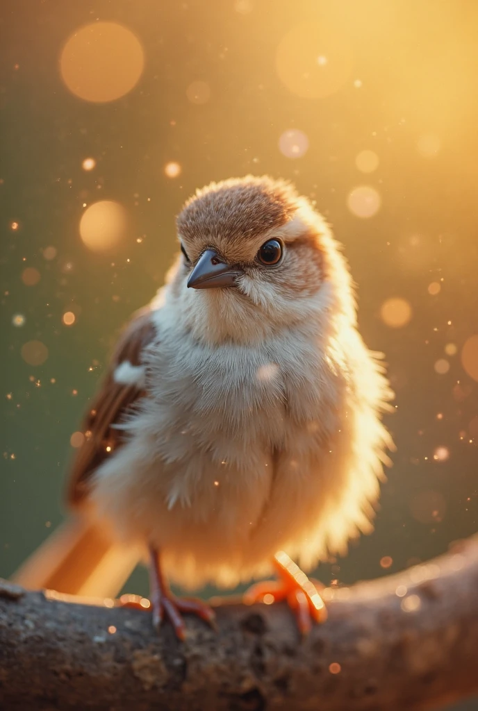 A charming close-up portrait，Showing a beautiful bird，Illuminated by soft golden light on a quiet morning，The bokeh ball gently frames its petite body
