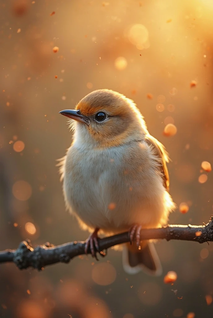 A charming close-up portrait,Showing a beautiful bird,Illuminated by soft golden light on a quiet morning,The bokeh ball gently frames its petite body