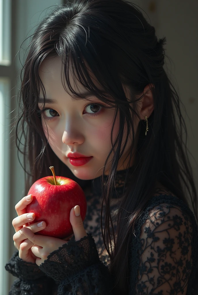 ((RAW photos),Absurd ,(Absurd 分辨率)),masterpiece,Best quality,(extremely detailed 8k unity CG wallpaper),(Most Best Illustration),(BEST SHADOW),Realistic lighting,Beautiful and detailed brilliance ,((21yo)),girl,longblackhair,Black Queen,accessories,Hold an apple,Poison apples,Witch Queen,red lipsticks,(((Her photography perspective)))