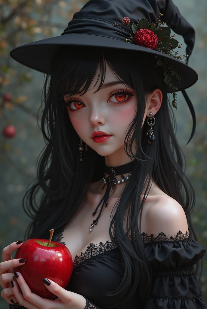 ((RAW photos),Absurd ,(Absurd 分辨率)),masterpiece,Best quality,(extremely detailed 8k unity CG wallpaper),(Most Best Illustration),(BEST SHADOW),Realistic lighting,Beautiful and detailed brilliance ,((21yo)),girl,longblackhair,Black Queen,accessories,Hold an apple,Poison apples,Witch Queen,red lipsticks,(((Her photography perspective)))