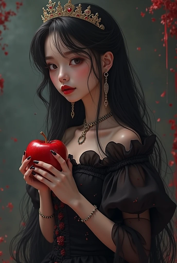 ((RAW photos),Absurd ,(Absurd 分辨率)),masterpiece,Best quality,(extremely detailed 8k unity CG wallpaper),(Most Best Illustration),(BEST SHADOW),Realistic lighting,Beautiful and detailed brilliance ,((21yo)),girl,longblackhair,Black Queen,accessories,Hold an apple,Poison apples,Witch Queen,red lipsticks,(((Her photography perspective)))