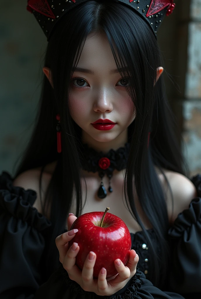 ((RAW photos),Absurd ,(Absurd 分辨率)),masterpiece,Best quality,(extremely detailed 8k unity CG wallpaper),(Most Best Illustration),(BEST SHADOW),Realistic lighting,Beautiful and detailed brilliance ,((21yo)),girl,longblackhair,Black Queen,accessories,Hold an apple,Poison apples,Witch Queen,red lipsticks,(((Her photography perspective)))