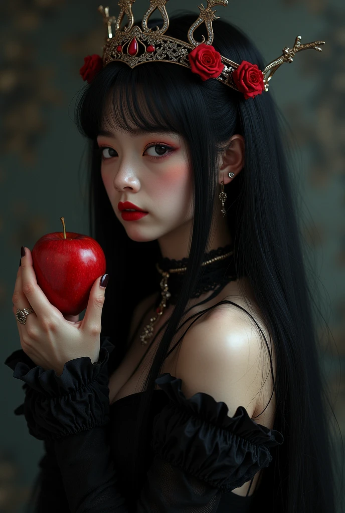((RAW photos)，Absurd ，(Absurd 分辨率))，masterpiece，Best quality，(extremely detailed 8k unity CG wallpaper)，(Most Best Illustration)，(BEST SHADOW)，Realistic lighting，Beautiful and detailed brilliance ，((21yo))，girl，longblackhair，Black Queen，accessories，Hold an apple，Poison apples，Witch Queen，red lipsticks，(((Her photography perspective)))