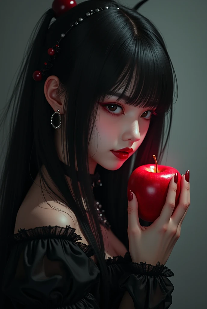 ((RAW photos),Absurd ,(Absurd 分辨率)),masterpiece,Best quality,(extremely detailed 8k unity CG wallpaper),(Most Best Illustration),(BEST SHADOW),Realistic lighting,Beautiful and detailed brilliance ,((21yo)),girl,longblackhair,Black Queen,accessories,Hold an apple,Poison apples,Witch Queen,red lipsticks,(((Her photography perspective)))