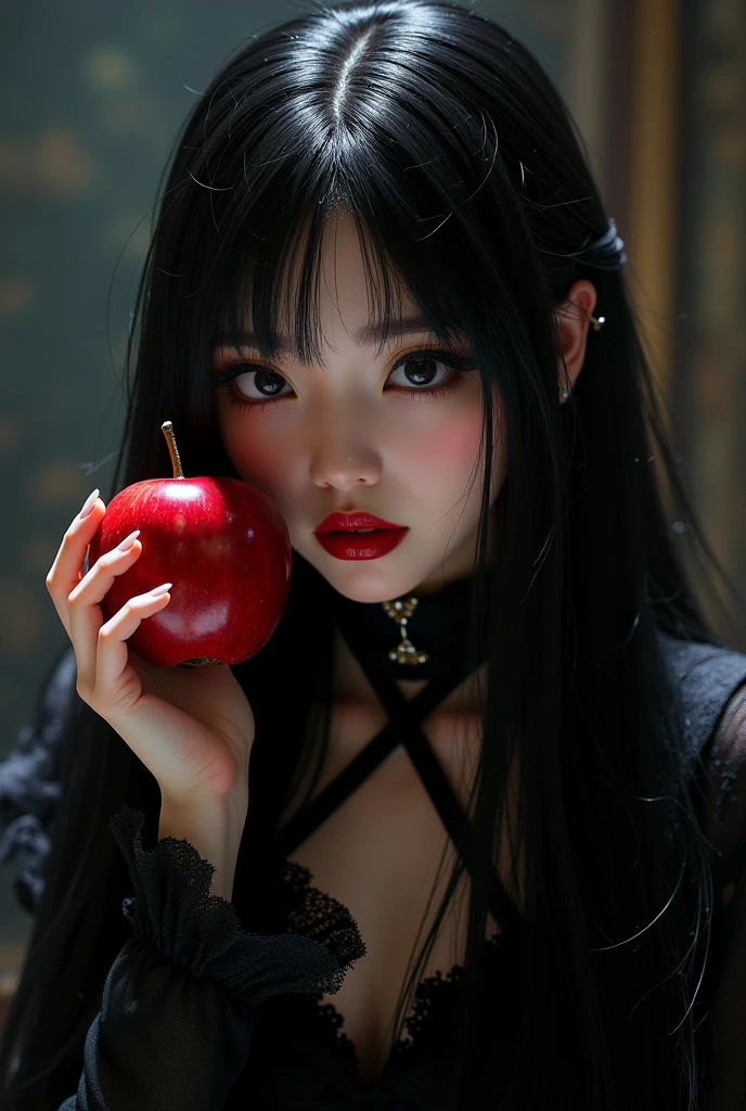 ((RAW photos),Absurd ,(Absurd 分辨率)),masterpiece,Best quality,(extremely detailed 8k unity CG wallpaper),(Most Best Illustration),(BEST SHADOW),Realistic lighting,Beautiful and detailed brilliance ,((21yo)),girl,longblackhair,Black Queen,accessories,Hold an apple,Poison apples,Witch Queen,red lipsticks,(((Her photography perspective)))