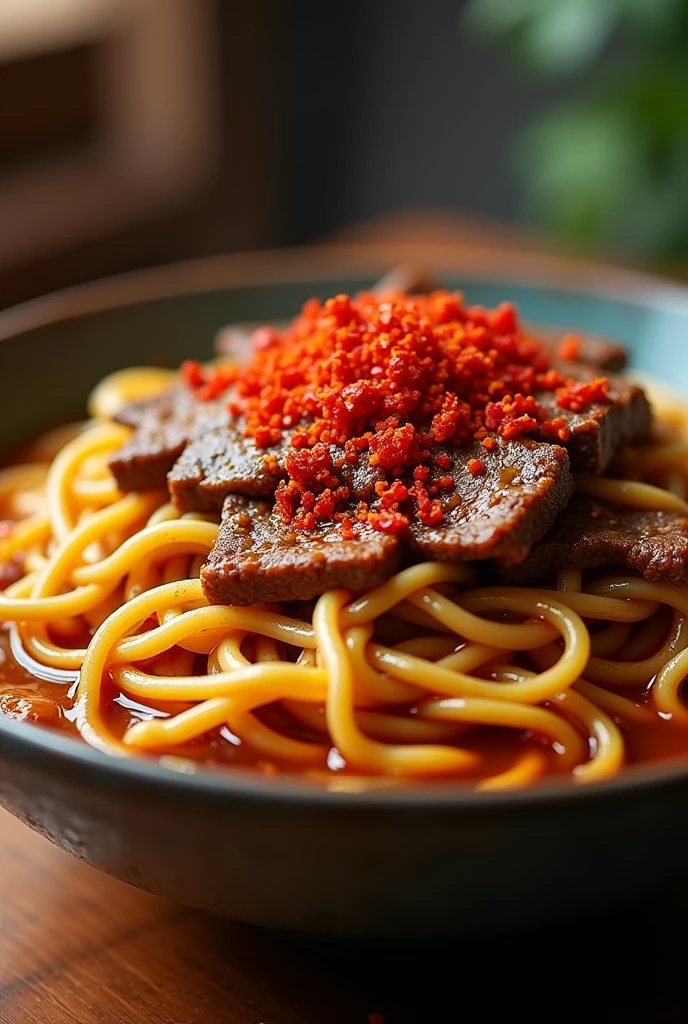 A y version of Xinjiang noodles featuring crispy dried chili peppers (lapi), tender beef, and garlic in a bold sauce. The noodles are piled high in a deep bowl, with red chili flakes tered on top. Use a warm-toned filter to enhance the fiery aesthetic.