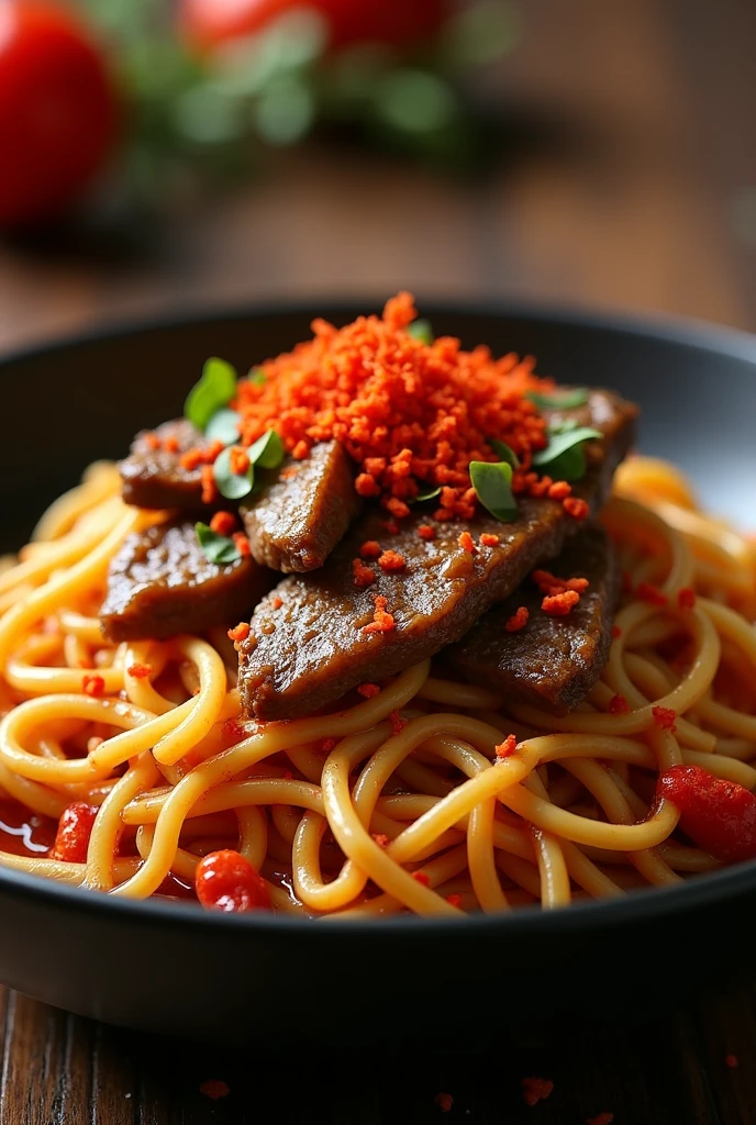 A y version of Xinjiang noodles featuring crispy dried chili peppers (lapi), tender beef, and garlic in a bold sauce. The noodles are piled high in a deep bowl, with red chili flakes tered on top. Use a warm-toned filter to enhance the fiery aesthetic.