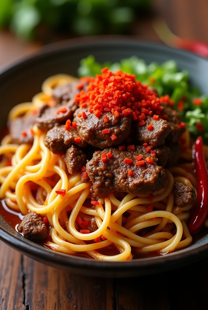 A y version of Xinjiang noodles featuring crispy dried chili peppers (lapi), tender beef, and garlic in a bold sauce. The noodles are piled high in a deep bowl, with red chili flakes tered on top. Use a warm-toned filter to enhance the fiery aesthetic.
