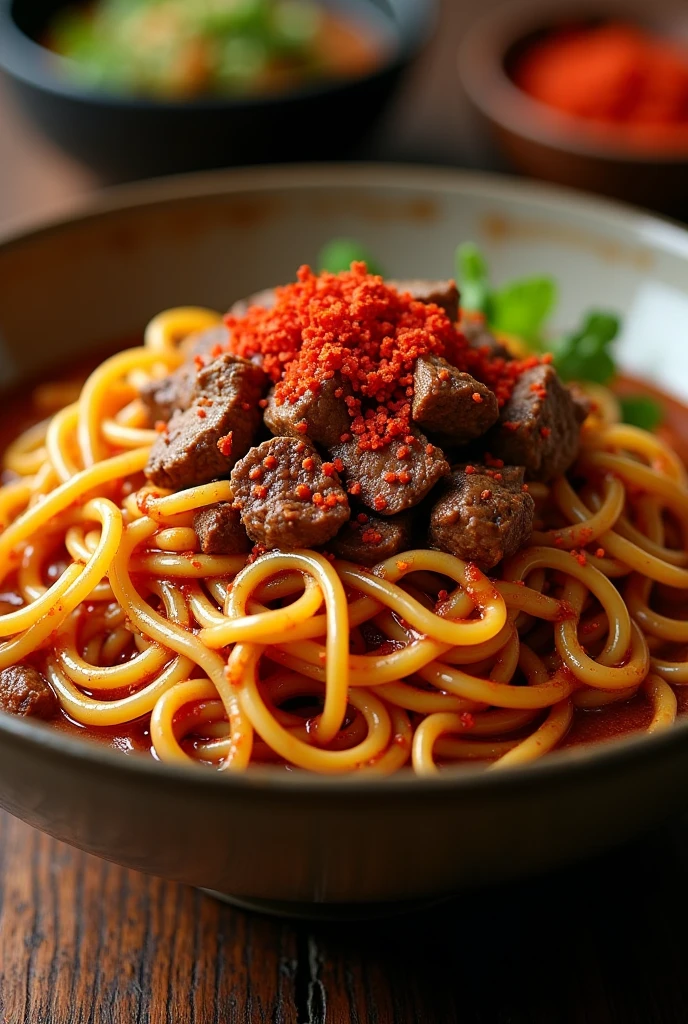 A y version of Xinjiang noodles featuring crispy dried chili peppers (lapi), tender beef, and garlic in a bold sauce. The noodles are piled high in a deep bowl, with red chili flakes tered on top. Use a warm-toned filter to enhance the fiery aesthetic.