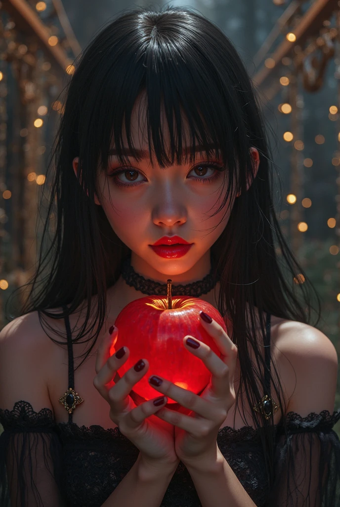 ((RAW photos)，Absurd ，(Absurd 分辨率))，masterpiece，Best quality，(extremely detailed 8k unity CG wallpaper)，(Most Best Illustration)，(BEST SHADOW)，Realistic lighting，Beautiful and detailed brilliance ，((21yo))，girl，longblackhair，Black Queen，accessories，Hold an apple，Poison apples，Witch Queen，red lipsticks，(((Her photography perspective)))