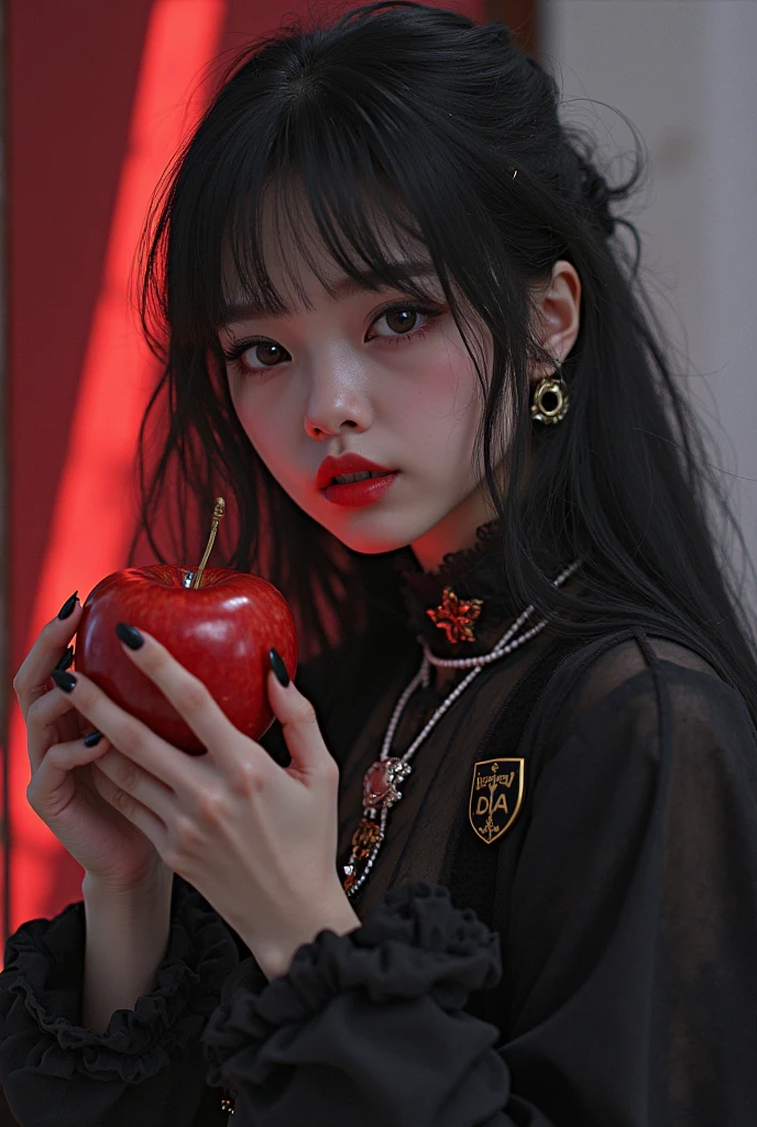 ((RAW photos)，Absurd ，(Absurd 分辨率))，masterpiece，Best quality，(extremely detailed 8k unity CG wallpaper)，(Most Best Illustration)，(BEST SHADOW)，Realistic lighting，Beautiful and detailed brilliance ，((21yo))，girl，longblackhair，Black Queen，accessories，Hold an apple，Poison apples，Witch Queen，red lipsticks，(((Her photography perspective)))