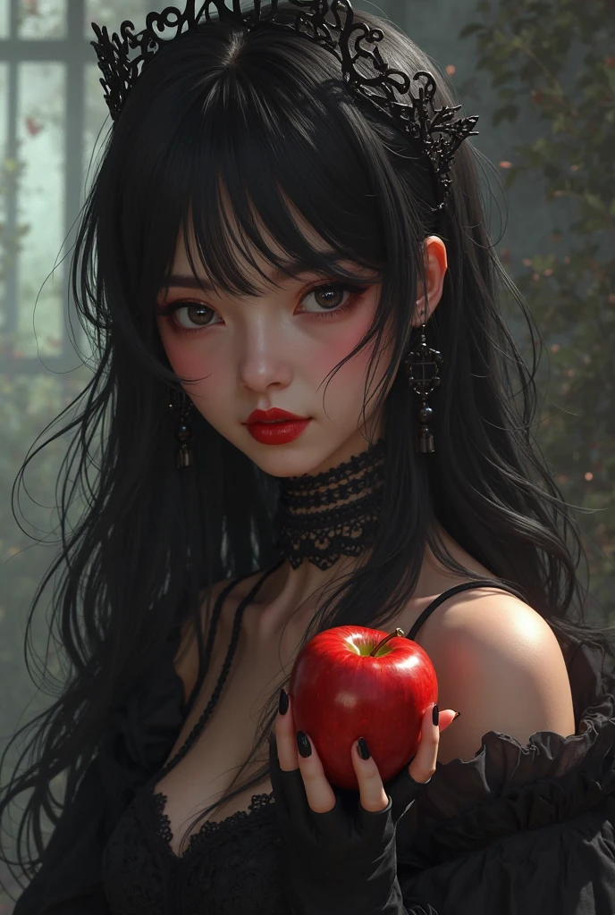 ((RAW photos),Absurd ,(Absurd 分辨率)),masterpiece,Best quality,(extremely detailed 8k unity CG wallpaper),(Most Best Illustration),(BEST SHADOW),Realistic lighting,Beautiful and detailed brilliance ,((21yo)),girl,longblackhair,Black Queen,accessories,Hold an apple,Poison apples,Witch Queen,red lipsticks,(((Her photography perspective)))