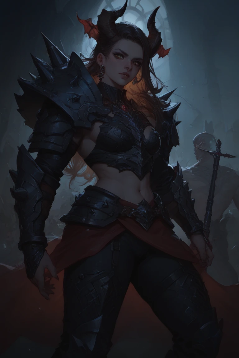 Demon vanguard in spiked obsidian armor, leading undead horde