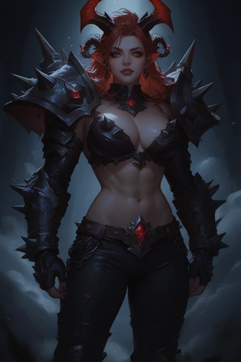 Demon vanguard in spiked obsidian armor, leading undead horde