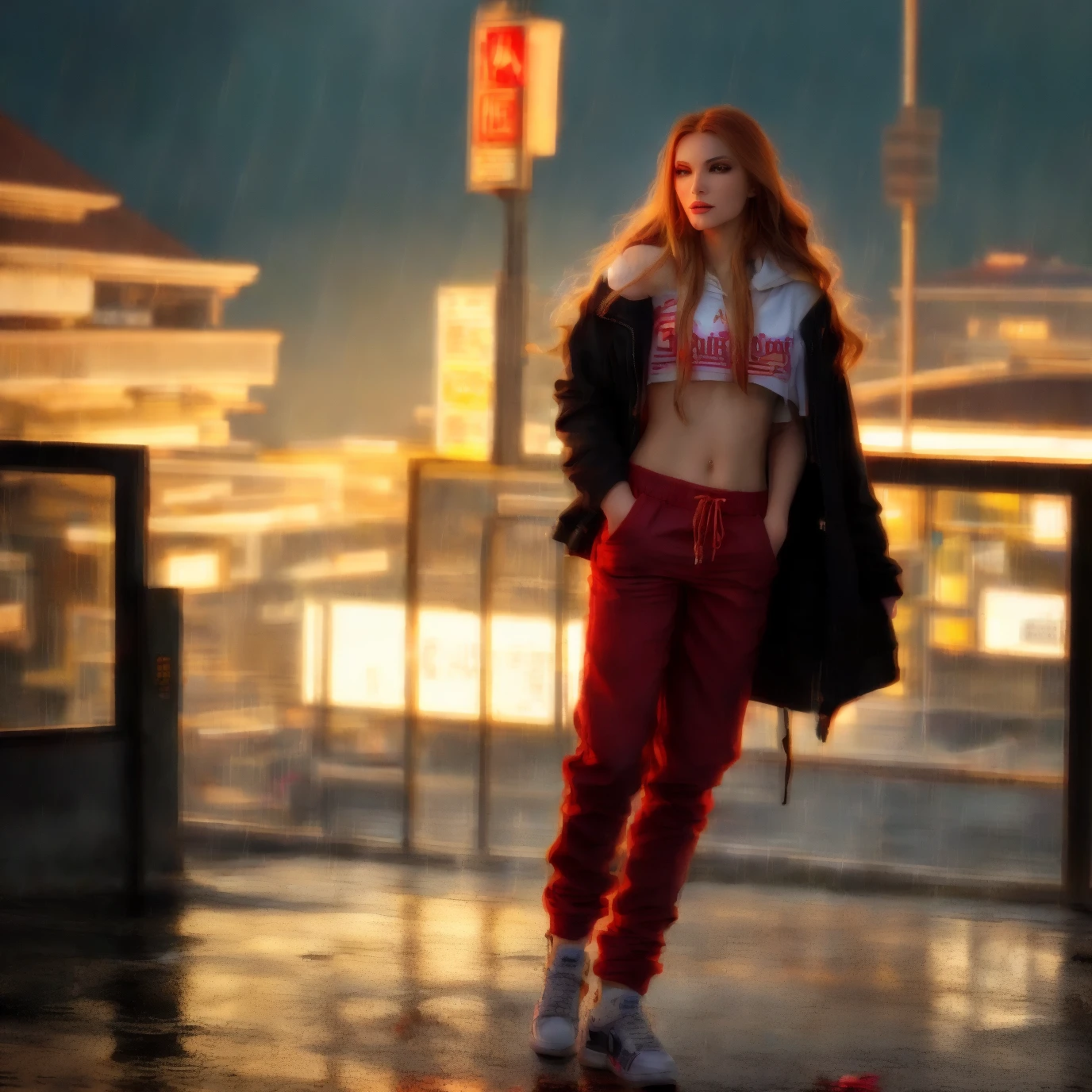 best quality, masterpiece, cinematic ligh, realistic, Cyberpunk, Cyberpunk city, rainbow, volumetric lighting, Black sky, (rained, thunderstorm), 1girl, (scarlet witch costume, hoodie , trouser, Punk clothes), (blonde flowing hair), Water reflects off the ground, Buble, no-one25, (dark brown eyes), The large, Keep one's mouth shut