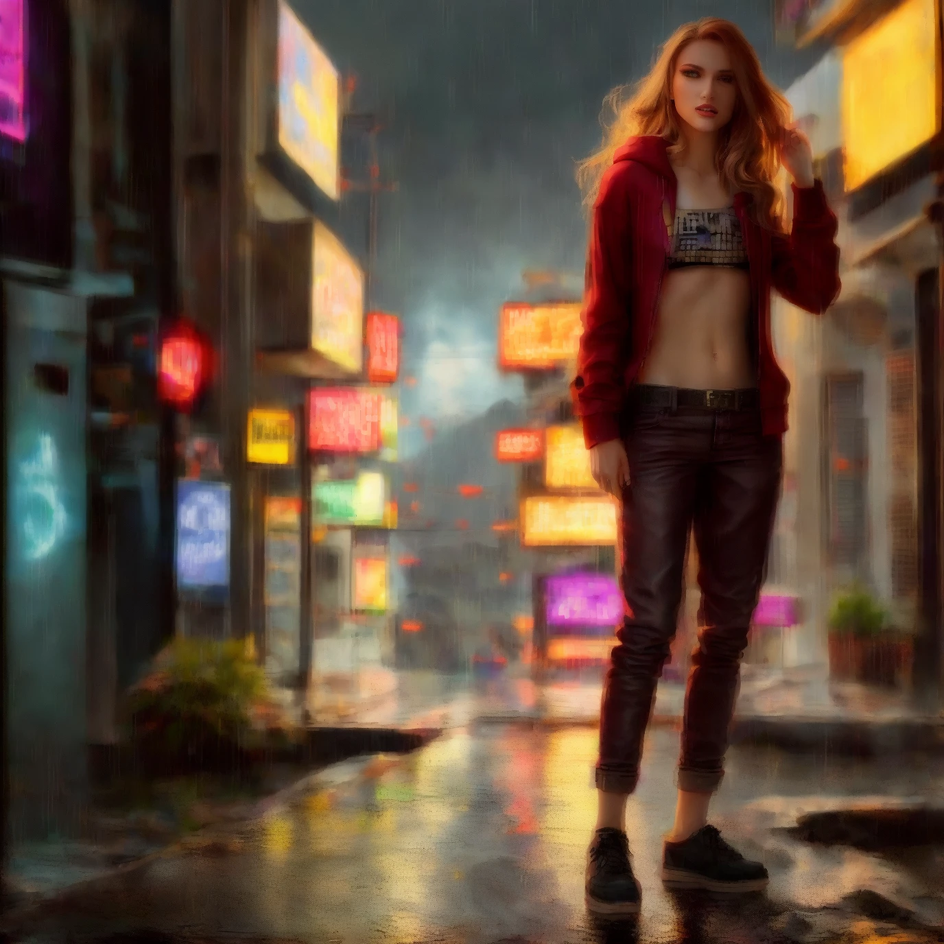 best quality, masterpiece, cinematic ligh, realistic, Cyberpunk, Cyberpunk city, rainbow, volumetric lighting, Black sky, (rained, thunderstorm), 1girl, (scarlet witch costume, hoodie , trouser, Punk clothes), (blonde flowing hair), Water reflects off the ground, Buble, no-one25, (dark brown eyes), The large,  Keep one's mouth shut 