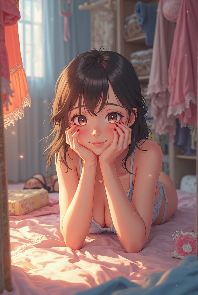a girl lying in front of a mirror, trying on different underwear, laughingly. clothes tered all over the room. life anime style, Soft skin rendering, Pastel tones, ultra-detailed 4k intimacy.