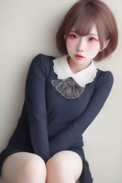 ulzzang-6500-v1.1, (RAW photos :1.2), (photot-REALISTIC,:1.4), Beautiful Meticulous Girl, highly detailed eyes and face, beauty training, absurderes, 令人难以置信的absurderes, The file size is huge, super detailed, high resolution, Very Detailed, Highest Quality, masterpeace、, beast ear, ((Japanese girl's high school uniform)), Illustration , Very Detailed, UHQ, unified, 8k wallpaper, shinning, fine details, masterpeace、, Highest Quality, Very DetailedなUHQユニフォーム8k wallpaper, Glow on the face、 Lights、、((does not wear panties))、(( dynamic pose )))、()、(halfway)、(pantyhose、、、、)、(sit cross-legged and bent your knees))、1 girl with short hair、简单的1 girl with short hair、long neck、stick out your ears、By bangs、bigger eyes、eyeslashes、a Pretty 、extremely cute