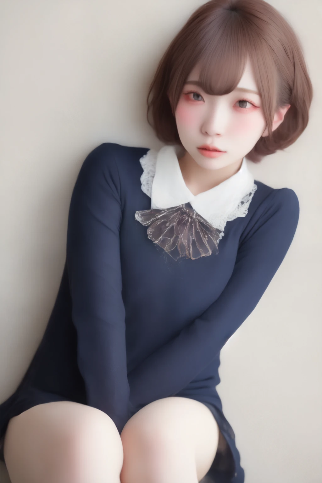 ulzzang-6500-v1.1, (RAW photos :1.2), (photot-REALISTIC,:1.4), Beautiful Meticulous Girl, highly detailed eyes and face, beauty training, absurderes, 令人难以置信的absurderes, The file size is huge, super detailed, high resolution, Very Detailed, Highest Quality, masterpeace、, beast ear, ((Japanese girl's high school uniform)), Illustration , Very Detailed, UHQ, unified, 8k wallpaper, shinning, fine details, masterpeace、, Highest Quality, Very DetailedなUHQユニフォーム8k wallpaper, Glow on the face、 Lights、、((does not wear panties))、(( dynamic pose )))、()、(halfway)、(pantyhose、、、、)、(sit cross-legged and bent your knees))、1 girl with short hair、简单的1 girl with short hair、long neck、stick out your ears、By bangs、bigger eyes、eyeslashes、a Pretty 、extremely cute