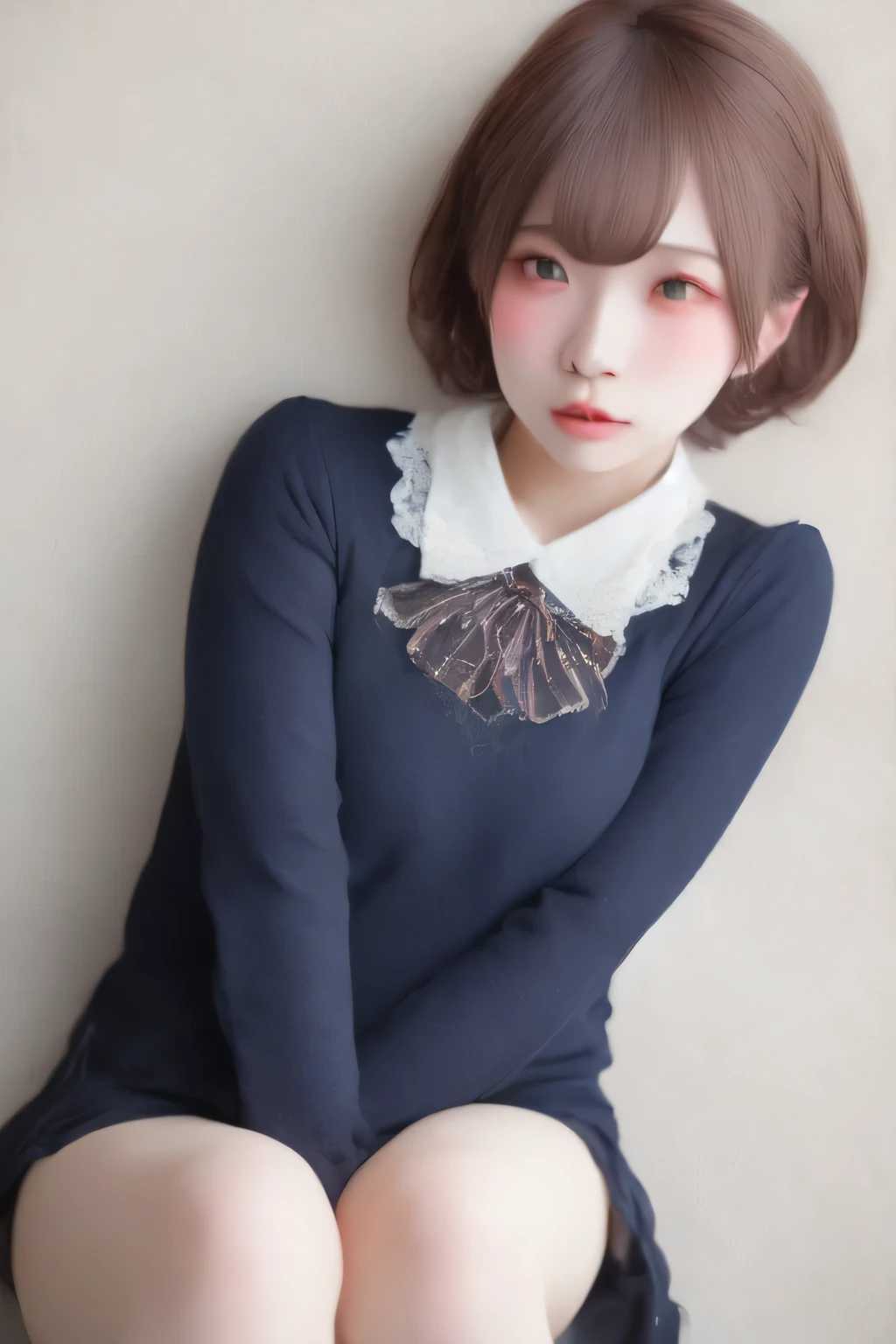 ulzzang-6500-v1.1, (RAW photos :1.2), (photot-REALISTIC,:1.4), Beautiful Meticulous Girl, highly detailed eyes and face, beauty training, absurderes, 令人难以置信的absurderes, The file size is huge, super detailed, high resolution, Very Detailed, Highest Quality, masterpeace、, beast ear, ((Japanese girl's high school uniform)), Illustration , Very Detailed, UHQ, unified, 8k wallpaper, shinning, fine details, masterpeace、, Highest Quality, Very DetailedなUHQユニフォーム8k wallpaper, Glow on the face、 Lights、、((does not wear panties))、(( dynamic pose )))、()、(halfway)、(pantyhose、、、、)、(sit cross-legged and bent your knees))、1 girl with short hair、简单的1 girl with short hair、long neck、stick out your ears、By bangs、bigger eyes、eyeslashes、a Pretty 、extremely cute