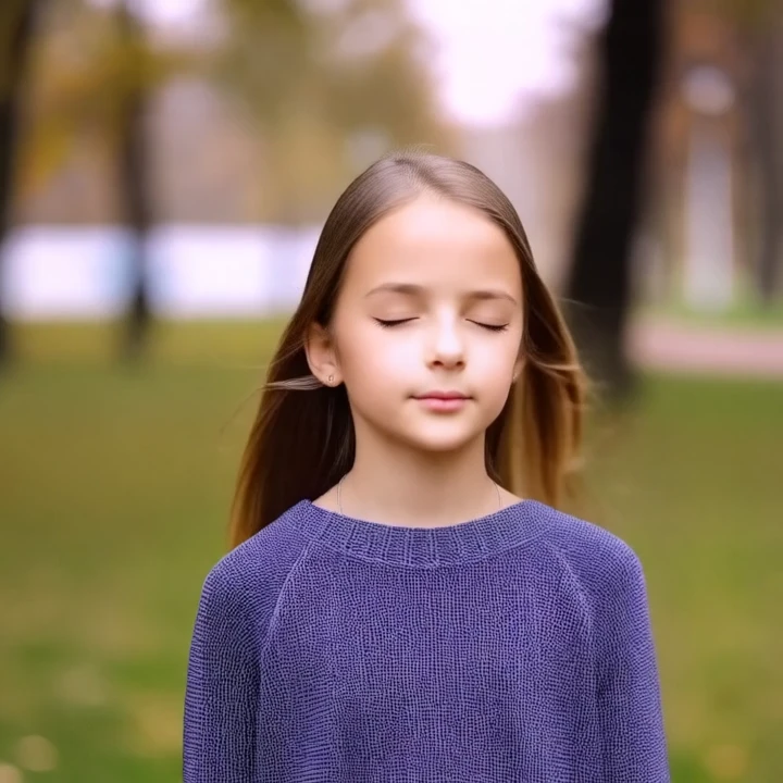 1girl standing still in a quiet park, slight breeze moving her hair. She blinks gently and looks around calmly. Soft lighting, natural colors, peaceful atmosphere.