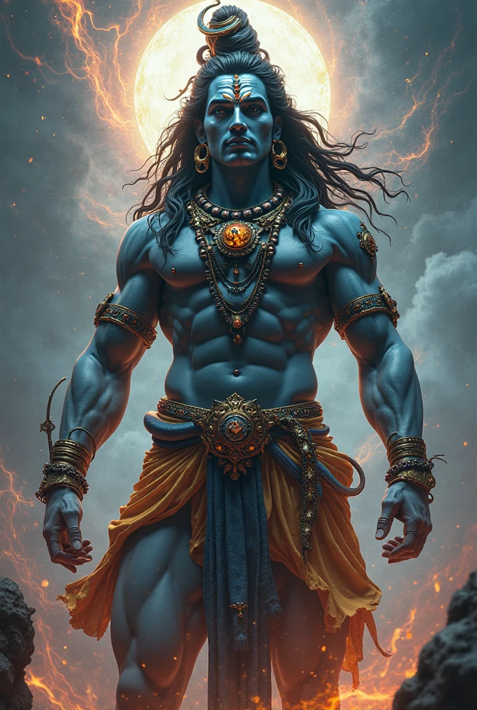 Bodybuilding lord shiva in mid red black night over power showing