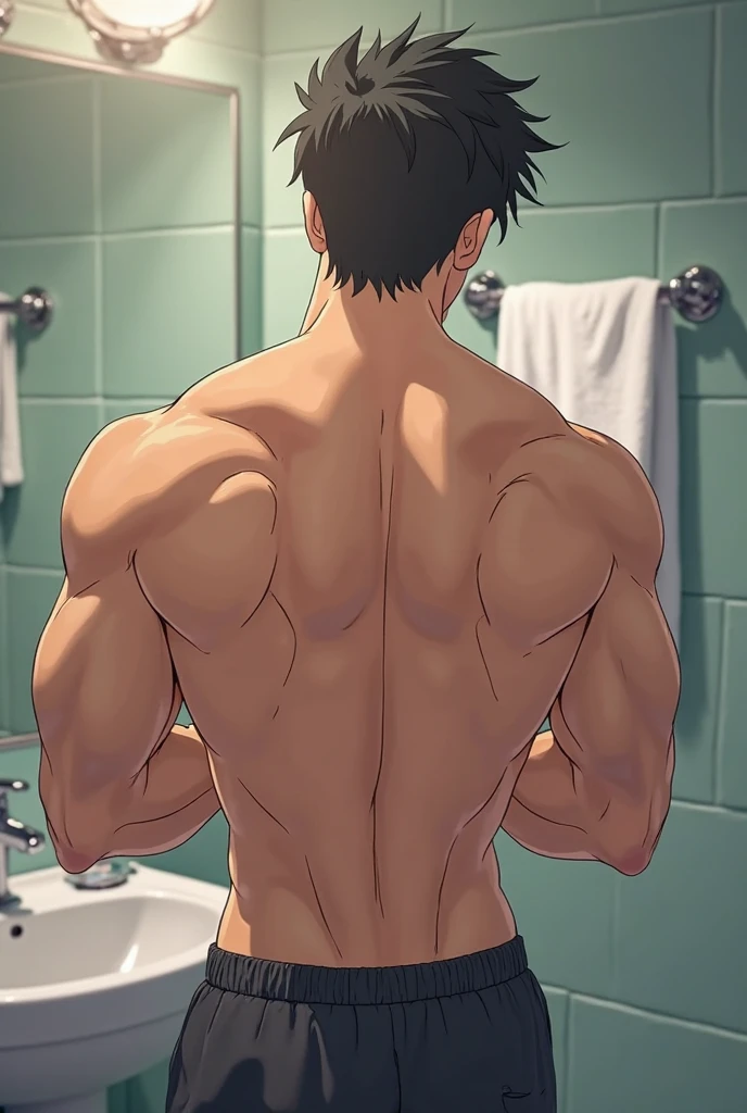 handsome man in a bathroom looking at his reflection in the mirror, full growth from behind, His arms are behind his back, arms behind the back, slim and muscular build, korean muscle boy 2 1 years, growing rapidly from behind, back posture, flexionando los muscles grandes, muscles arqueados;, muscles, delgado, but muscular, Pose and flex, grab a cell phone