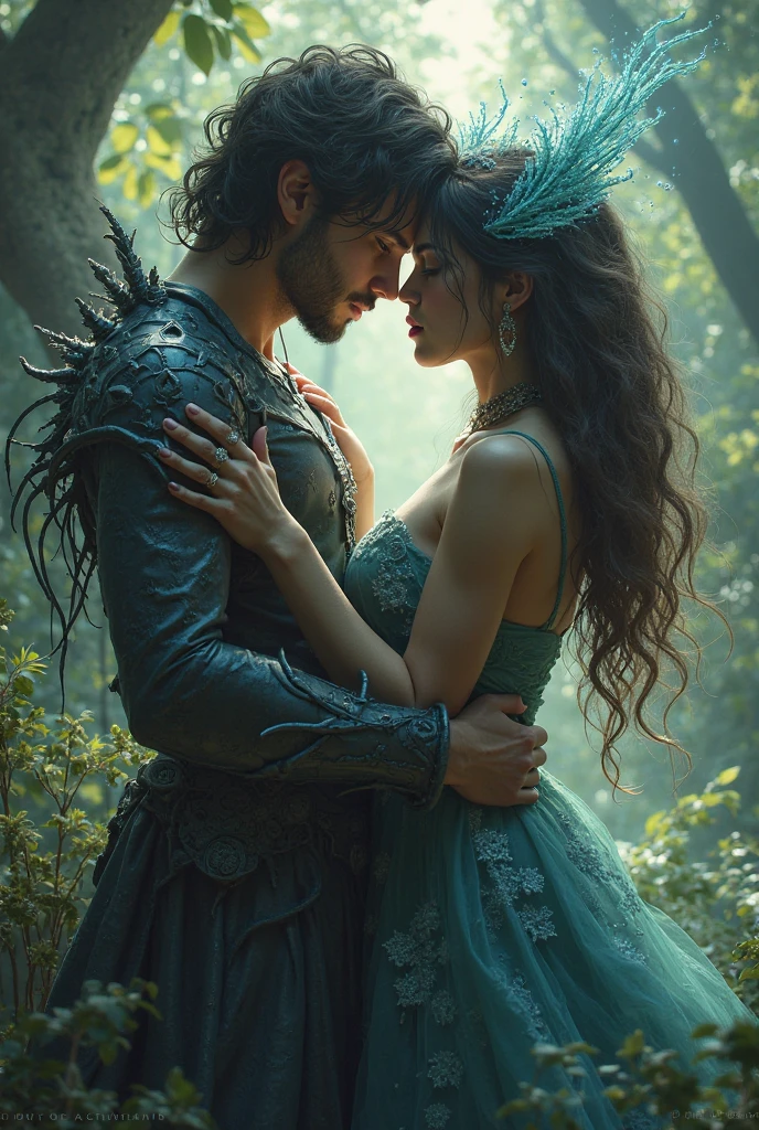 English woman 20 years old,skin fair,sparkling green eyes,dark purple hair,white gown,She is serene,kissing a blond haired man he sticks a dagger in her chest while kissing her,forest of light scenario,scenarioposes,make-up,cinema image,品質,full body images,detailed,full body image,high resolution,