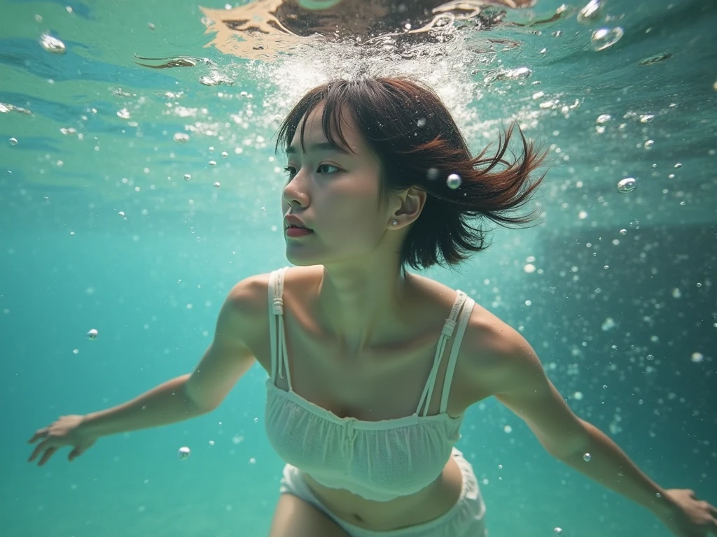 submerged figure,ripples and reflections,combination of materials,painterly style,elegant pose,water surface texture,gentle lighting,subtle color palette,high-definition details,underwater atmosphere,wet hair effect,facial expression