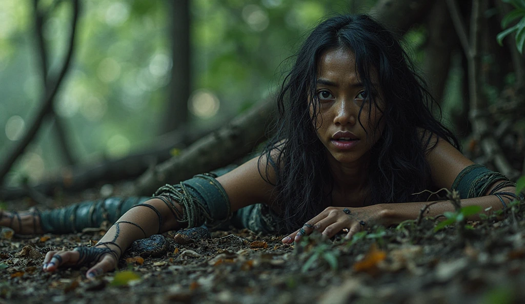 a girl in a jungle, Photo realistic, beautiful detailed eyes and lips, full body wide shot, she looks up at the sky, depressed expression, dirty body, sink down to the ground, draped in rags, dark and gloomy background, HDR, distressed texture, vivid colors, soft lighting, nsfw,