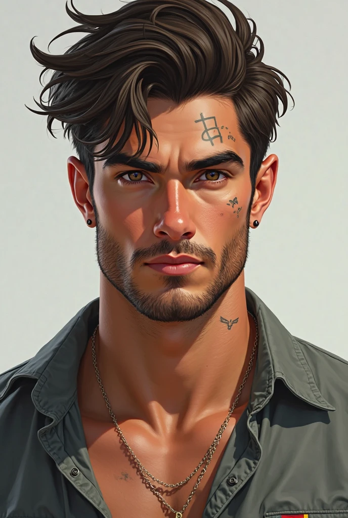 handsome young man, musculoso, short brown hair, brown eyes, closed beard,  ear piercing, tattoo on arm, rounded chin without a hole, Realistic style