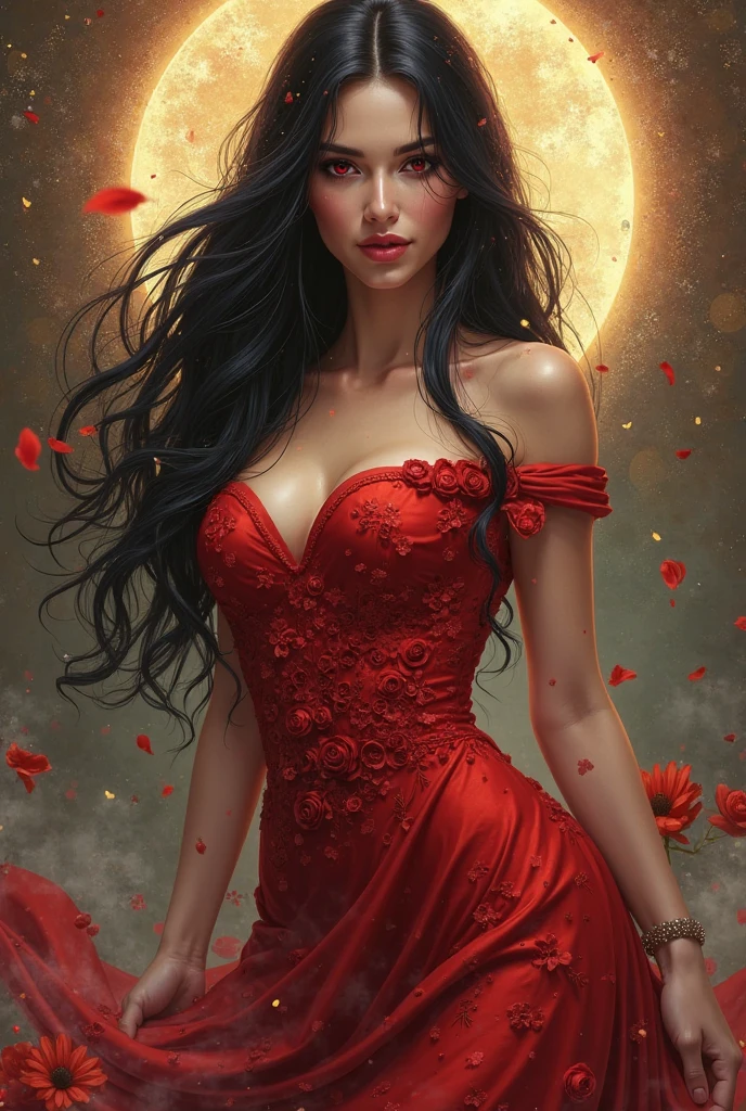 Beautiful brunette woman, 25 years old, stunning body, expressive and clear face, crystal clear eyes, full mouth, long dark curly hair, happy, short red dress with ruffles and straps, large breasts, jeweled gold earrings and necklace, dark background with roses red, light in the background, light falling on the hair from behind, perfect hands, a breathtaking image, 8k, HDR.