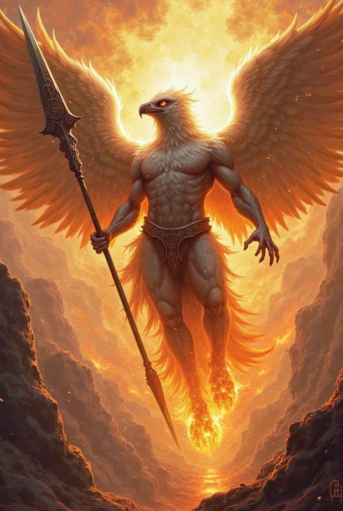 A griffon goddess, avec un sublime corps de femme, who is ready to defend themselves and fight in the face of a threat