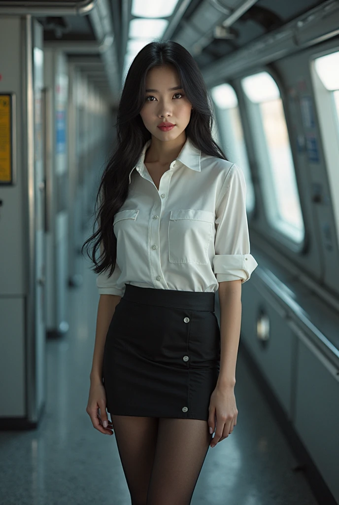 "(Masterpiece, High Definition, Ultra High Definition, 4K) Black hair, 14 years old Japan girl, uniform skirt, emphasizing thighs, white thighs, soft thighs, glossy thighs, sitting on the train, face-to-face angle, (angle from below),sitting in the train seat,Sitting in front,Zoom camera in the crotch,Feet on the train floor,Full body,Looking down and sleepy,Looking at the viewer only", best quality, ultra high definition, (photorealistic:1.4),, high resolution, detail, raw photo, sharp re, Nikon D850 film stock photo by Lee Jefferies 4 kodak portra 400 camera f1.6 lens rich colors hyper realistic lively textures dramatic lighting unreal engine artstation trends cinestir 800,