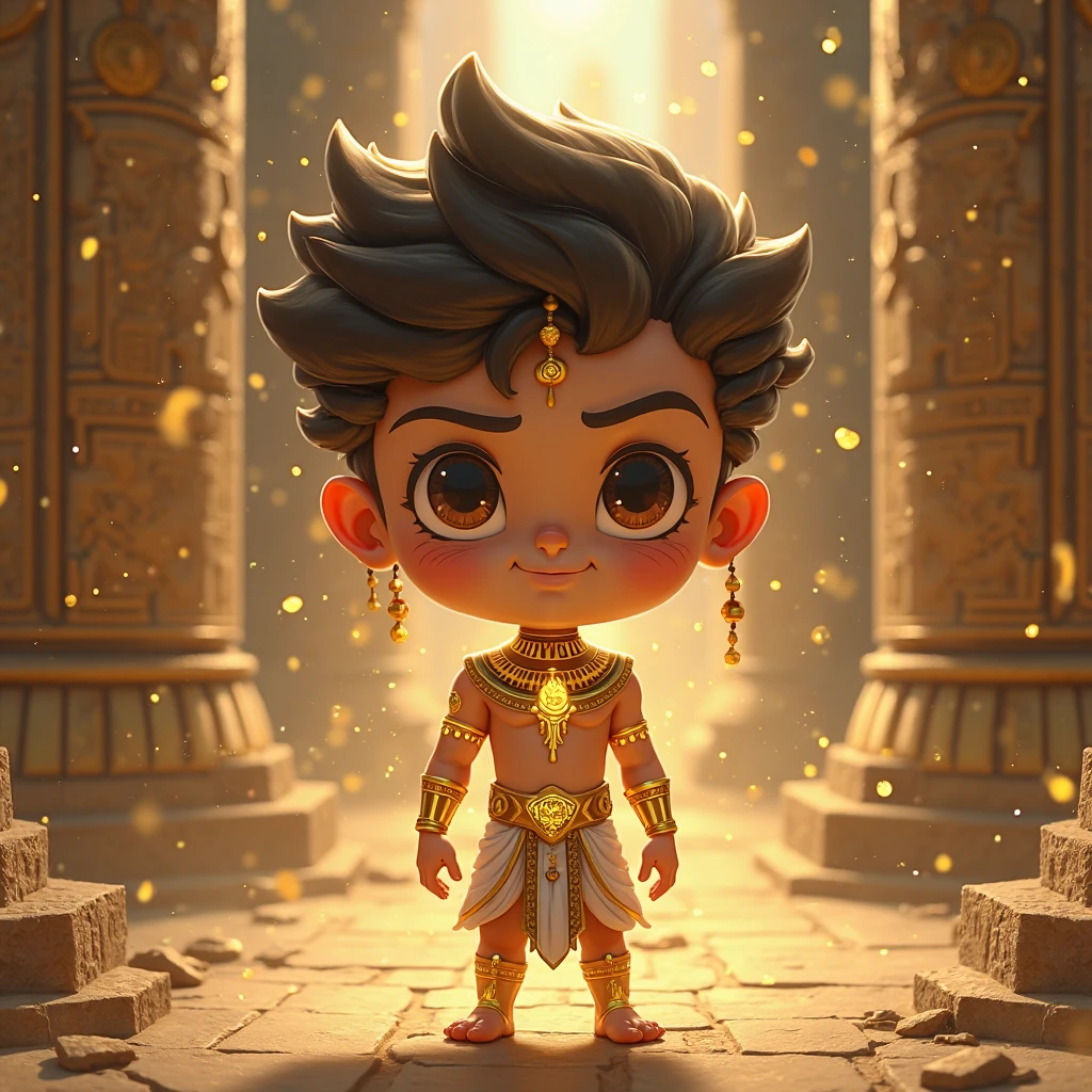 Create an image of Atum as the creator god in Egyptian mythology. Atum is a male figure around 4 with smooth golden-brown skin and piercing dark amber eyes. His hair is short, curly, and black, with a hint of gray. His face shows divine authority and creation. Atum is depicted at the top of a primordial mound, with a cosmic background. Use masterpiece, best quality, CG, wallpaper, HDR, high quality, ultra detailed face, cinematic, high detail, 8k, raw, high, artstation HQ, unreal engine, octane renderer, 4k resolution, hyperrealistic, highly detailed, and absurdres settings