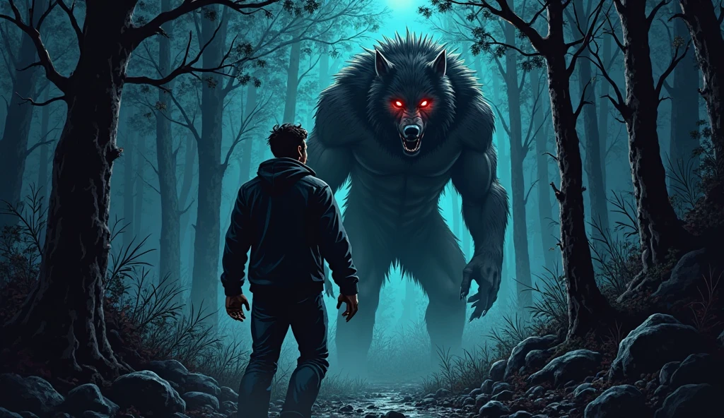 Skinny man and fat brunette woman, chased by a monstrous black dog, of the same height as them, red eyed, showing his fangs