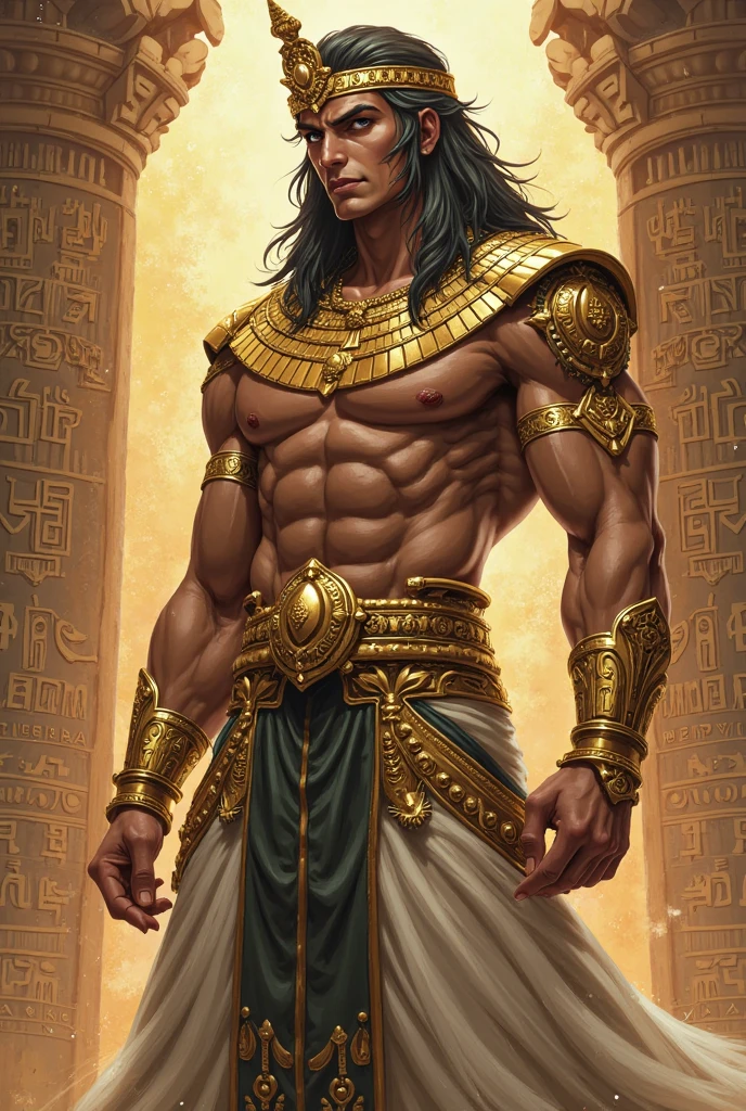 Powerful warrior, chest bared, lower body uncovered from thighs to feet, luxuriant long curls, meticulous muscle definition, photorealistic rendering, 4K resolution. Background: Ancient Egyptian temple complex,32k uhd, best quality, masterpiece, super detail, high details