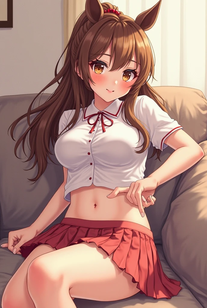 1 beautiful girl in a short red skirt and white shirt poses for a photo, anime girl, 1girl, single, solo, beautiful anime girl, inside the house, windows, dining area, dark brown hair, pink bangs, long hair, wavy hair, shiny hair, hair ornament, hairclip, star hair ornament, aqua eyes, glossy lips, embarrassed, blush, nervous, bright pupils, puckered lips, cleavage, low-cut chest, big round breasts, shows her breasts, highlights her breasts, thin waist, defined body, perfect body, beautiful thighs, thin legs, high detail, anime, dithering, image fill, perspective, Wide-Angle, f/1.8, 85mm, Nikon, 8k, super detail, UHD, retina, masterpiece, accurate, anatomically correct, super detail, highres, best quality, perfect pixel, depth of field, beautiful artstyle, detailed face, anime CG style, (good lighting), cheerleader, midriff, (from behind), bent over