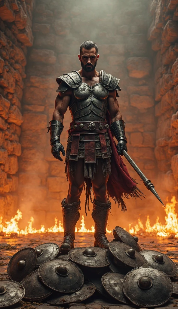 Present Michael B. Jordan as Xander, a fierce and determined gladiator with a muscular build and intense, focused eyes. He has a shaved head and a number of battle scars. Equip him in rugged, battle-worn armor with intricate, dark designs and a large, spiked shield. Xander wields a brutal, blood-stained sword and has an expression of unyielding strength and resolve